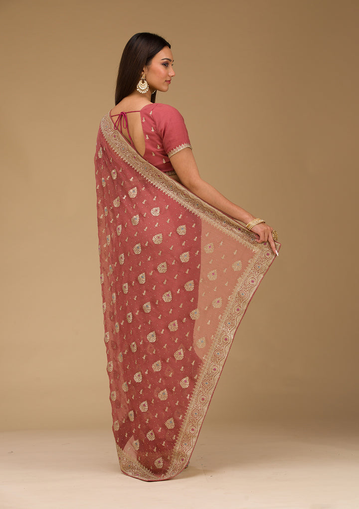 Rust Chiffon Gold Zariwork Saree With Matching Blouse Piece