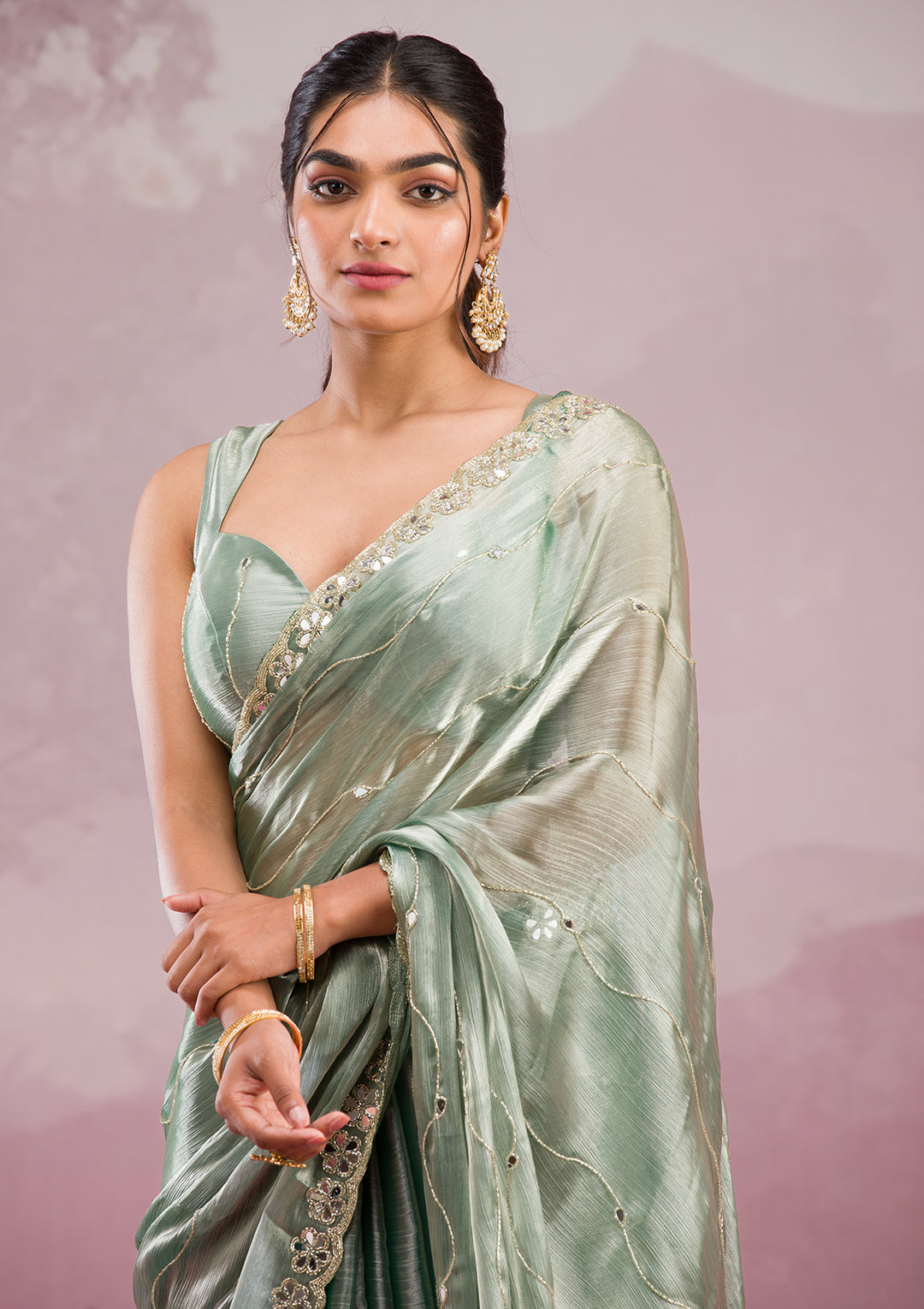 Sea Green Mirrorwork Organza Saree