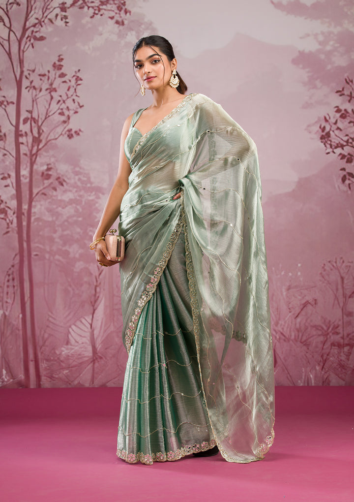 Sea Green Mirrorwork Organza Saree