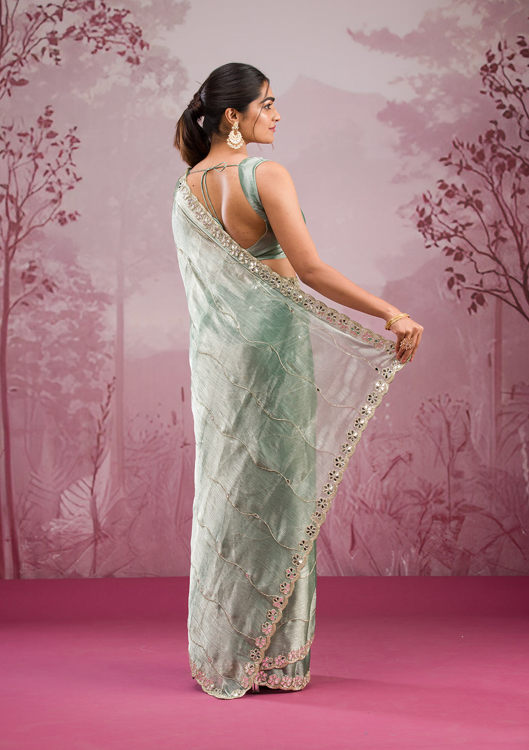 Sea Green Mirrorwork Organza Saree
