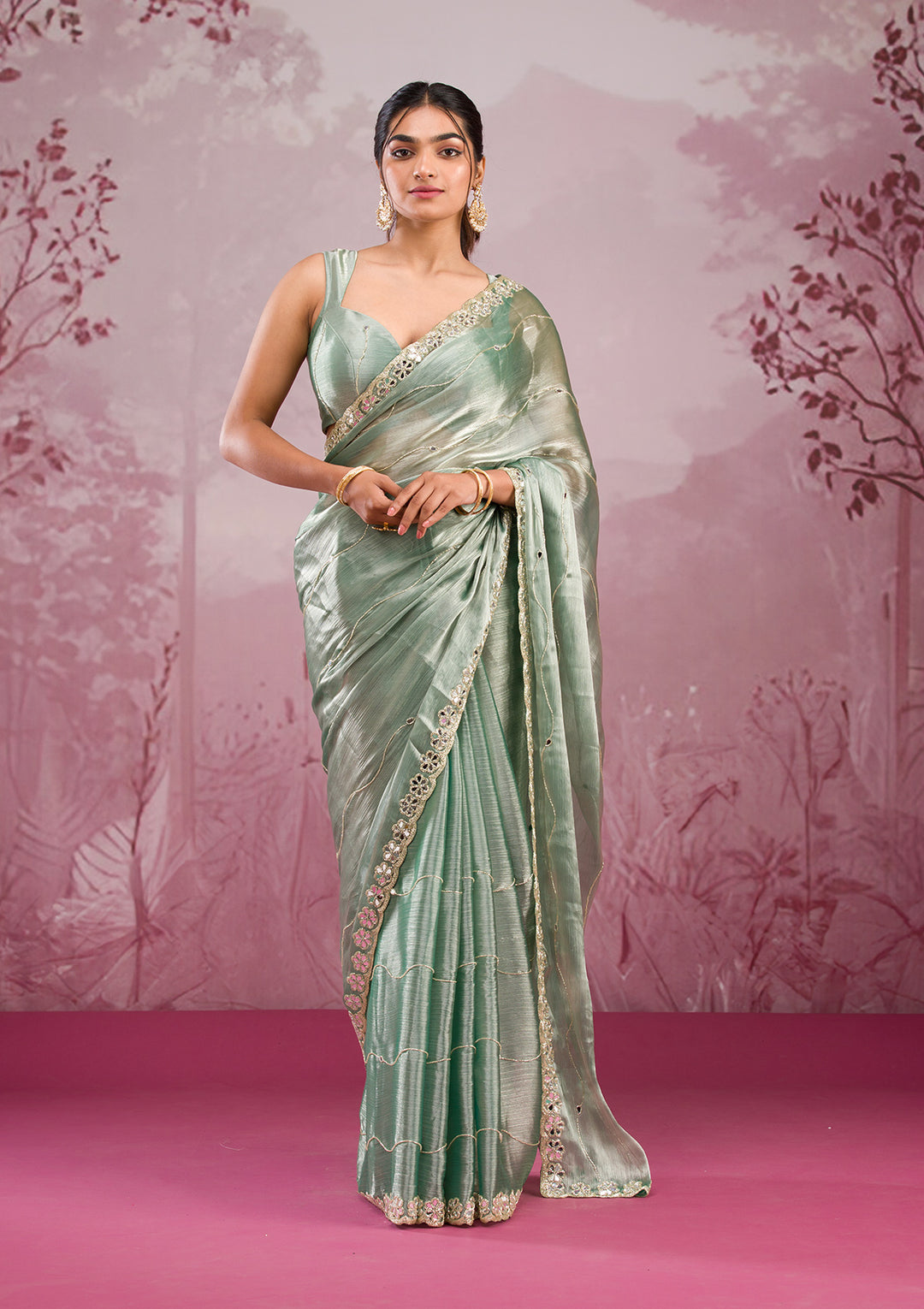 Sea Green Mirrorwork Organza Saree