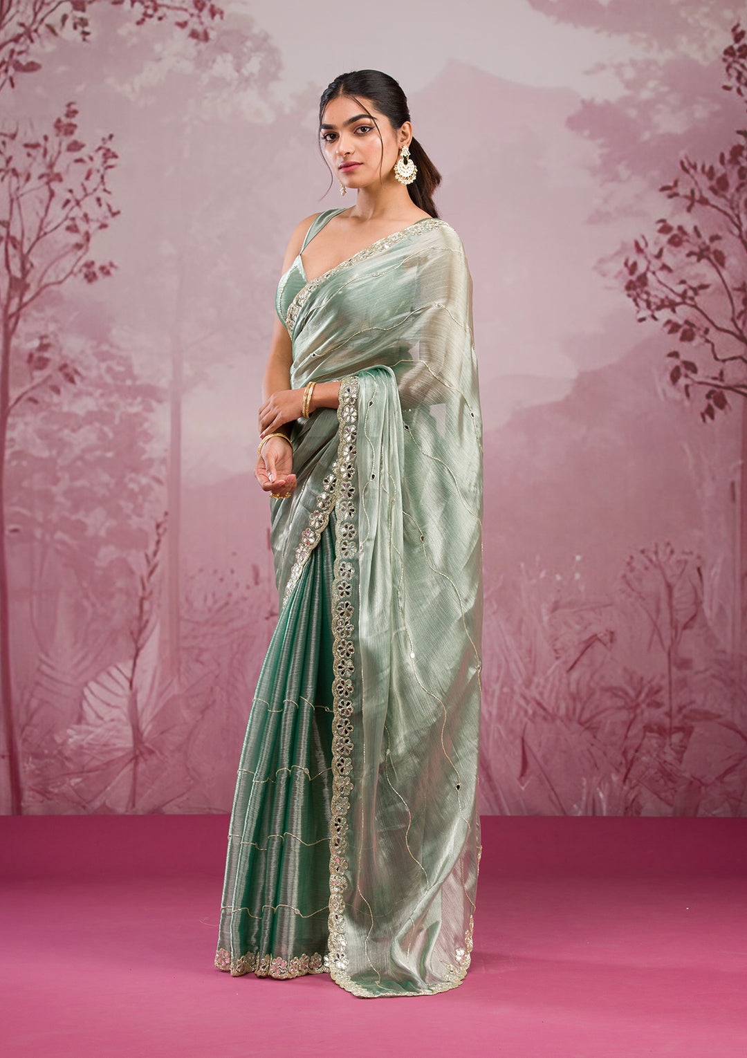 Sea Green Mirrorwork Organza Saree
