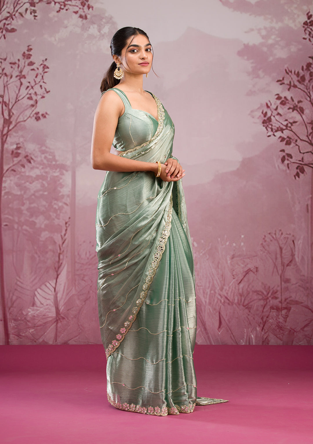 Sea Green Mirrorwork Organza Saree