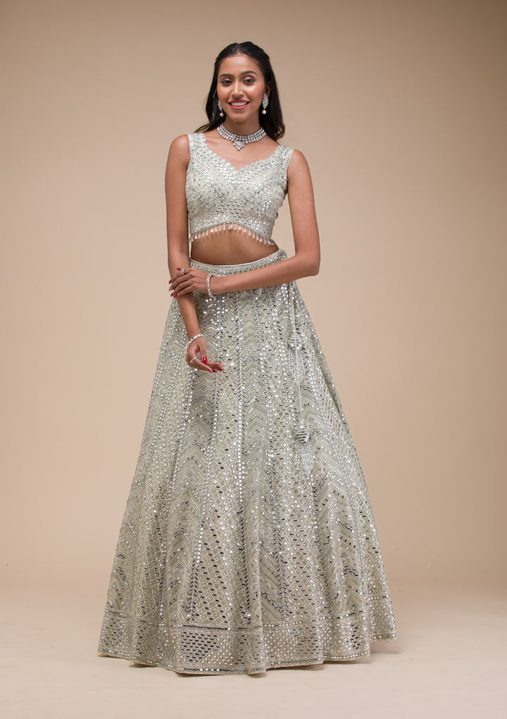 Sea Green Mirrorwork Net Readymade Lehenga