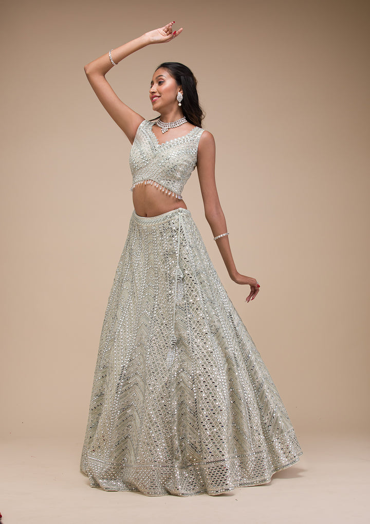 Sea Green Mirrorwork Net Readymade Lehenga