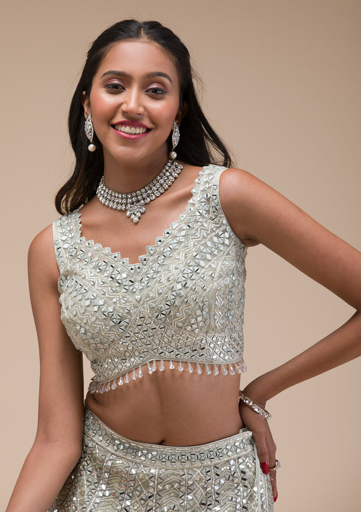 Sea Green Mirrorwork Net Readymade Lehenga