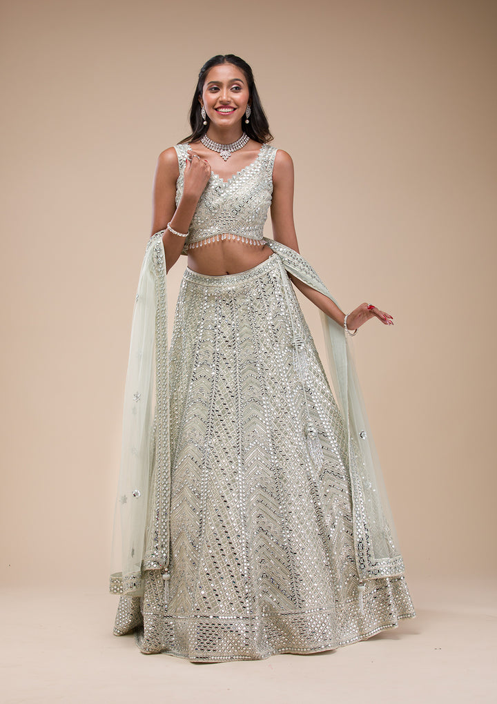 Sea Green Mirrorwork Net Readymade Lehenga
