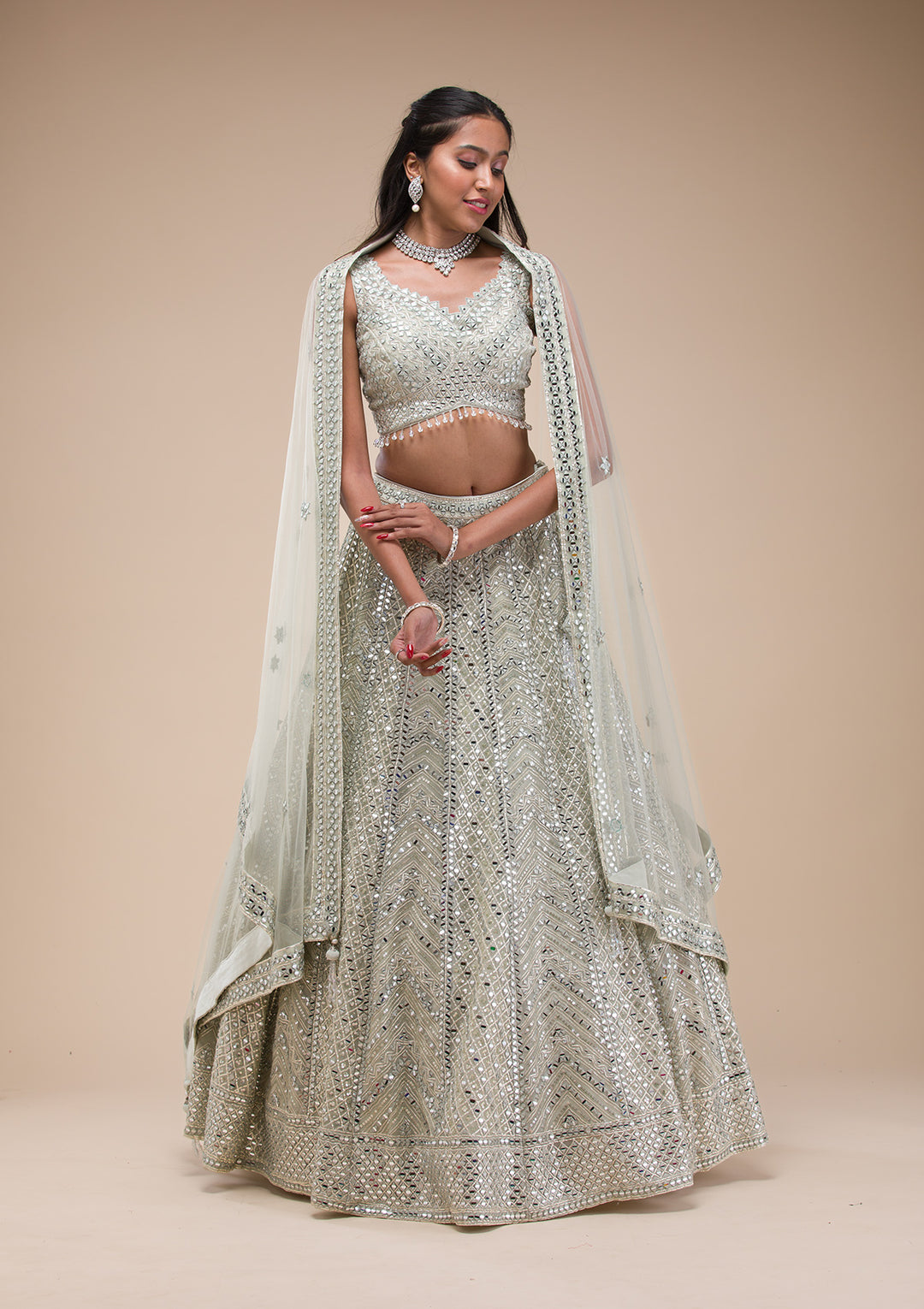 Sea Green Mirrorwork Net Readymade Lehenga