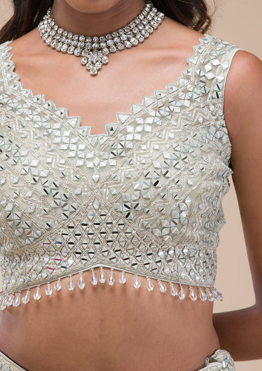 Sea Green Mirrorwork Net Readymade Lehenga