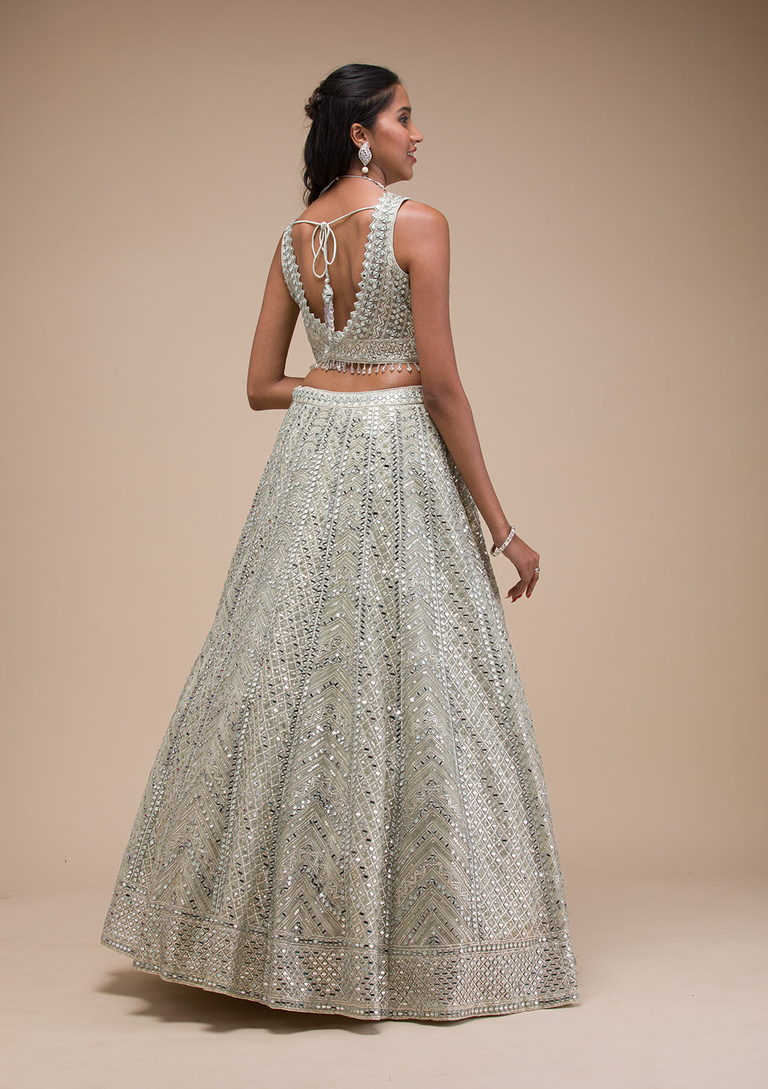 Sea Green Mirrorwork Net Readymade Lehenga