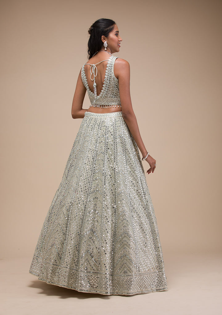 Sea Green Mirrorwork Net Readymade Lehenga
