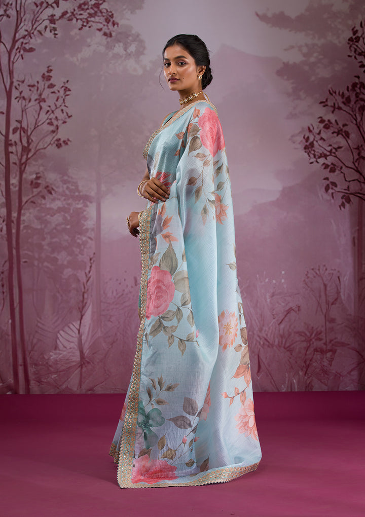 Sea Green Printed Georgette Saree