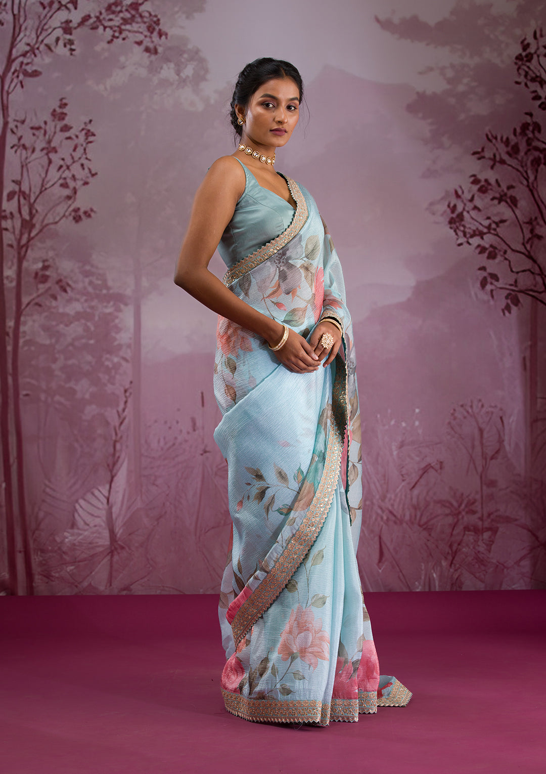 Sea Green Printed Georgette Saree