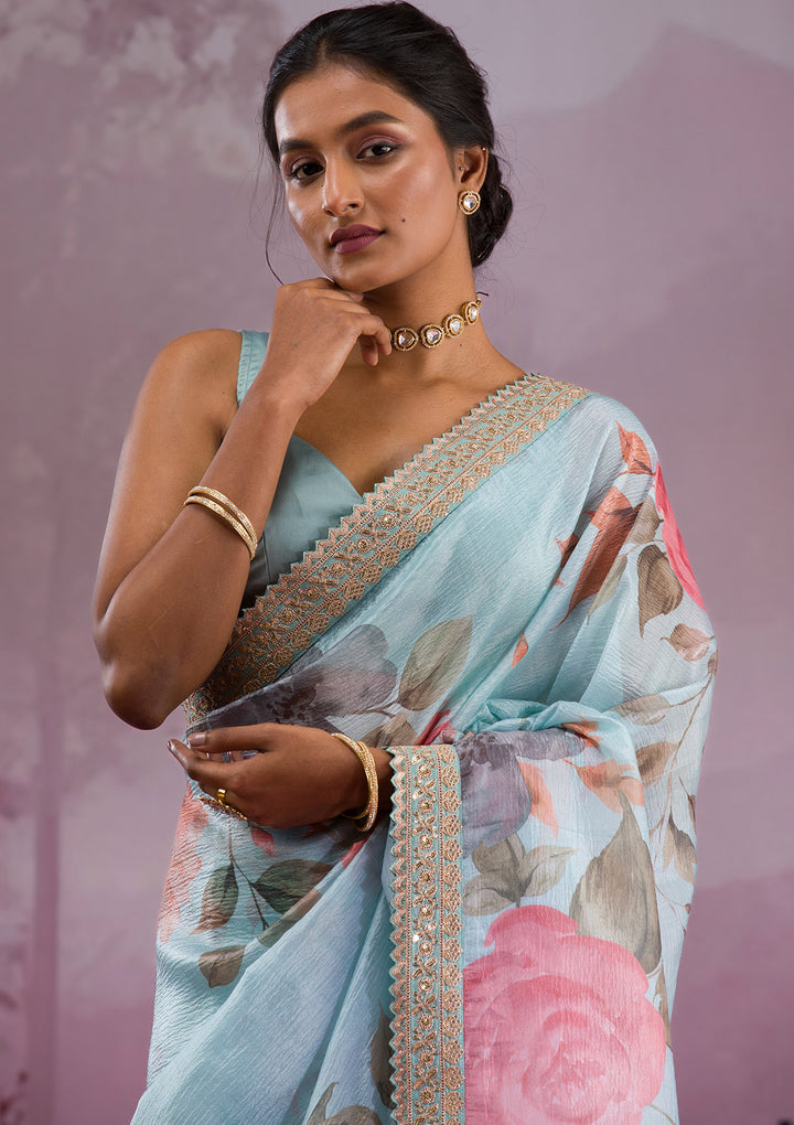 Sea Green Printed Georgette Saree