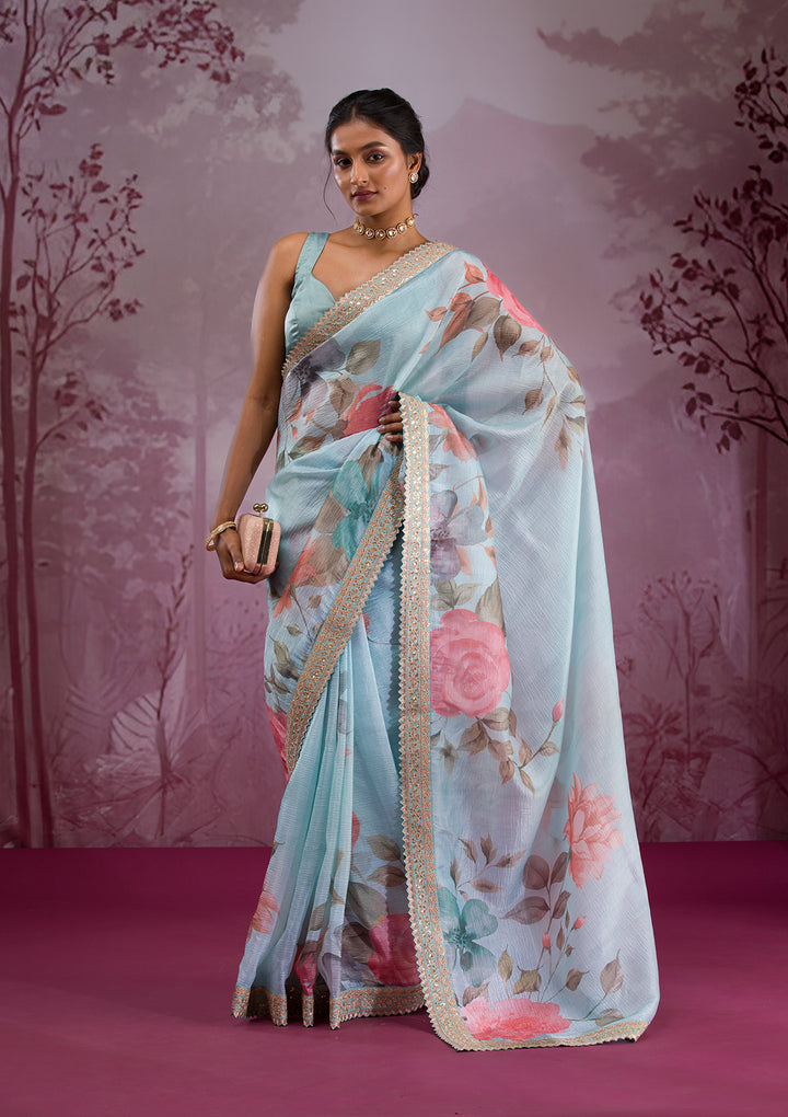 Sea Green Printed Georgette Saree