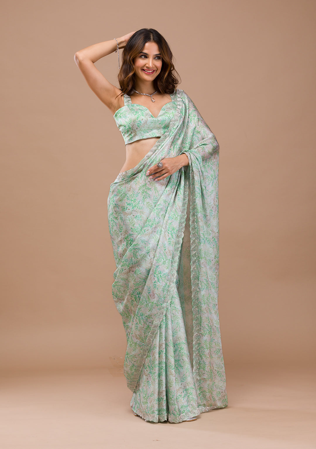 Sea Green Satin Floral Cutdana Saree With Matching Blouse Piece