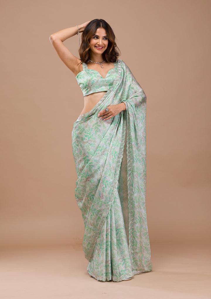 Sea Green Satin Floral Cutdana Saree With Matching Blouse Piece