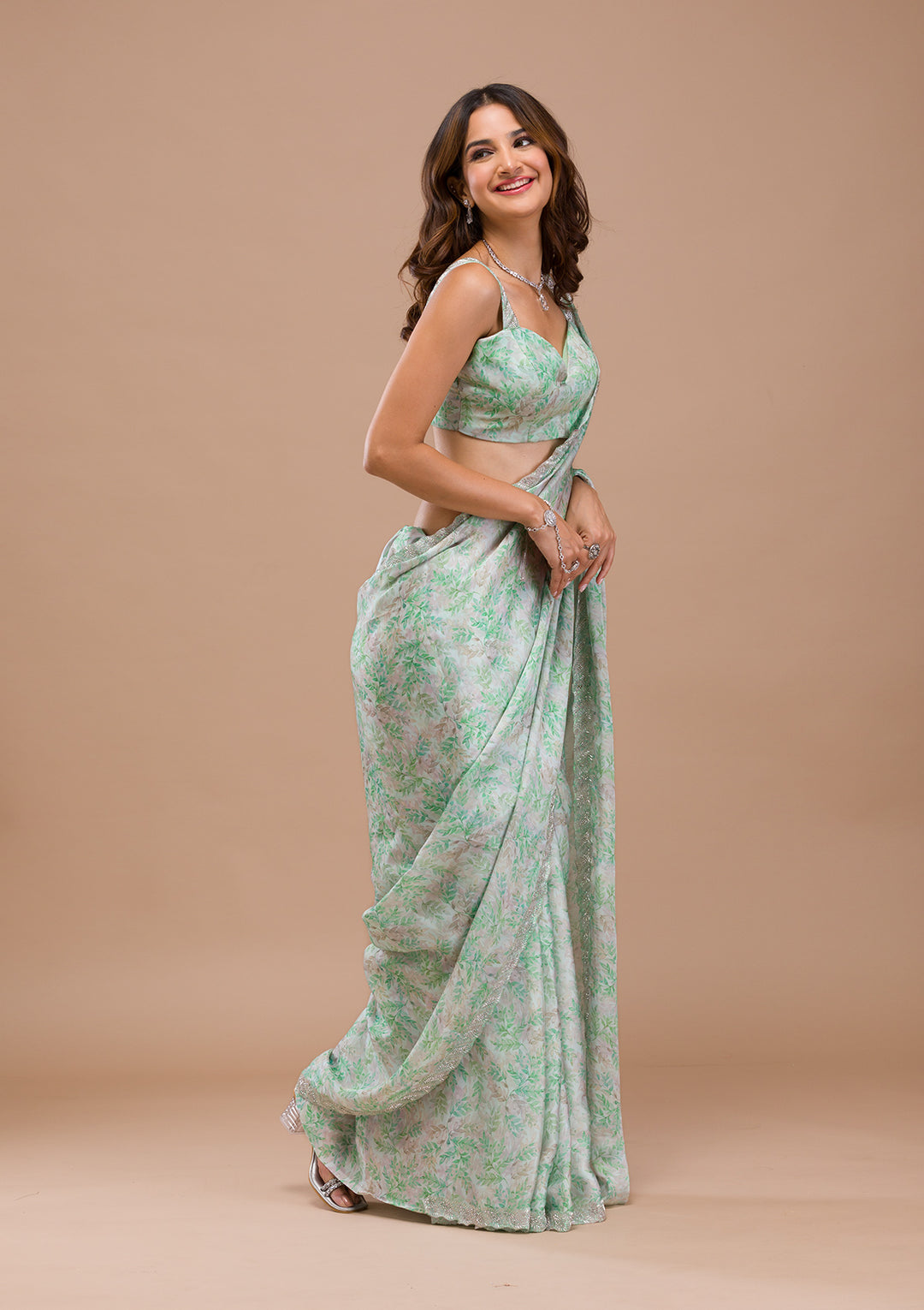 Sea Green Satin Floral Cutdana Saree With Matching Blouse Piece
