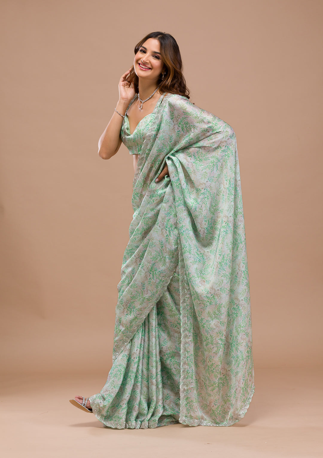 Sea Green Satin Floral Cutdana Saree With Matching Blouse Piece