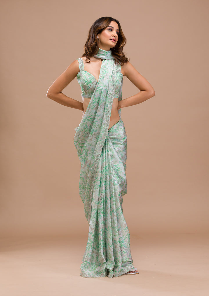 Sea Green Satin Floral Cutdana Saree With Matching Blouse Piece