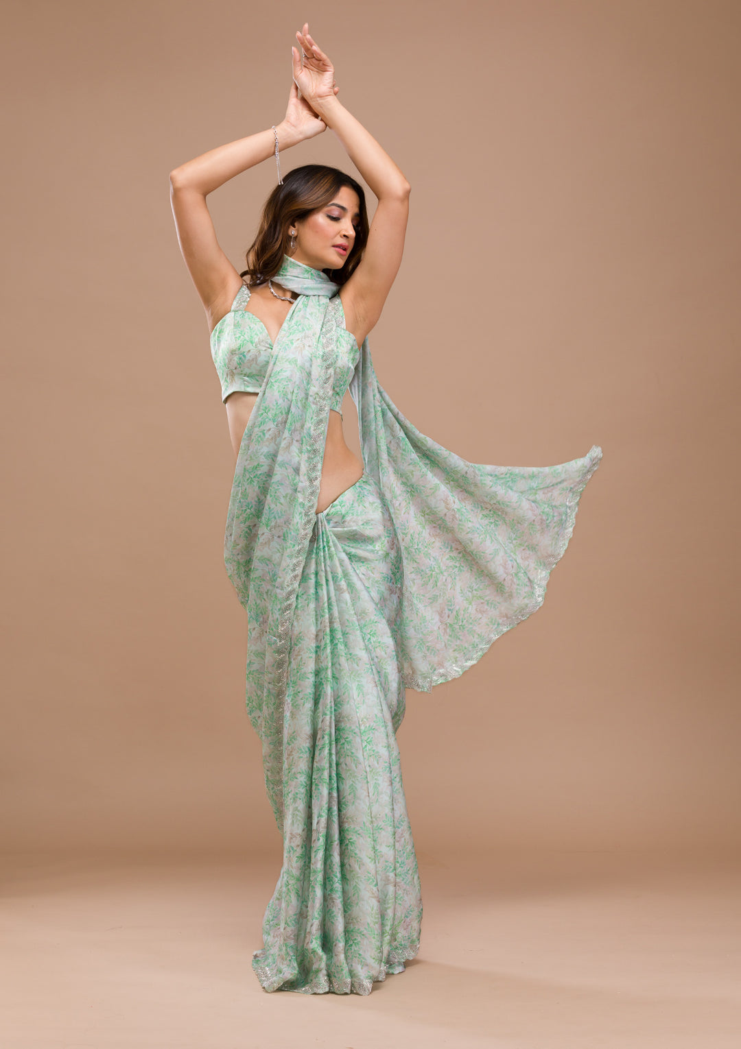 Sea Green Satin Floral Cutdana Saree With Matching Blouse Piece
