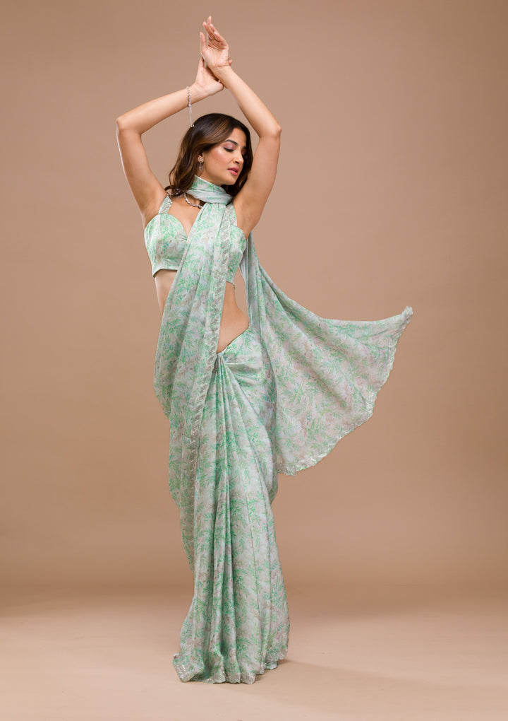 Sea Green Satin Floral Cutdana Saree With Matching Blouse Piece