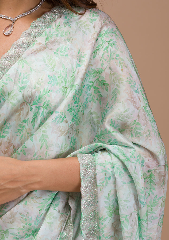 Sea Green Satin Floral Cutdana Saree With Matching Blouse Piece