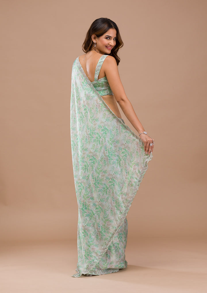 Sea Green Satin Floral Cutdana Saree With Matching Blouse Piece