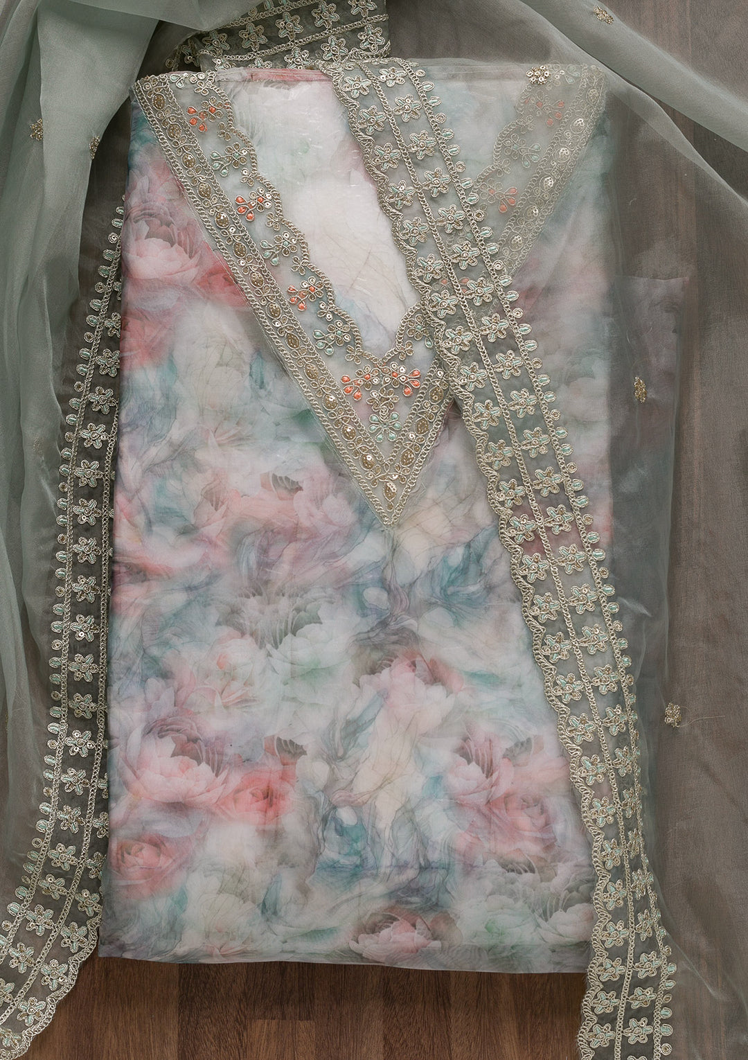 Sea Green Printed Organza Unstitched Salwar Suit