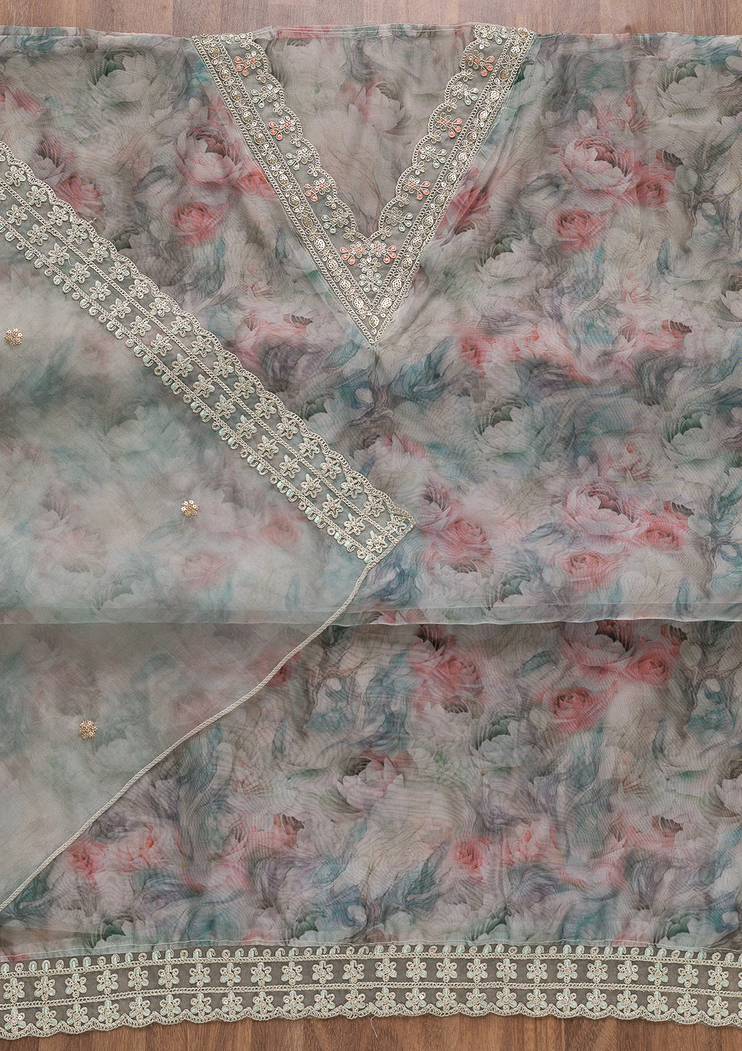 Sea Green Printed Organza Unstitched Salwar Suit