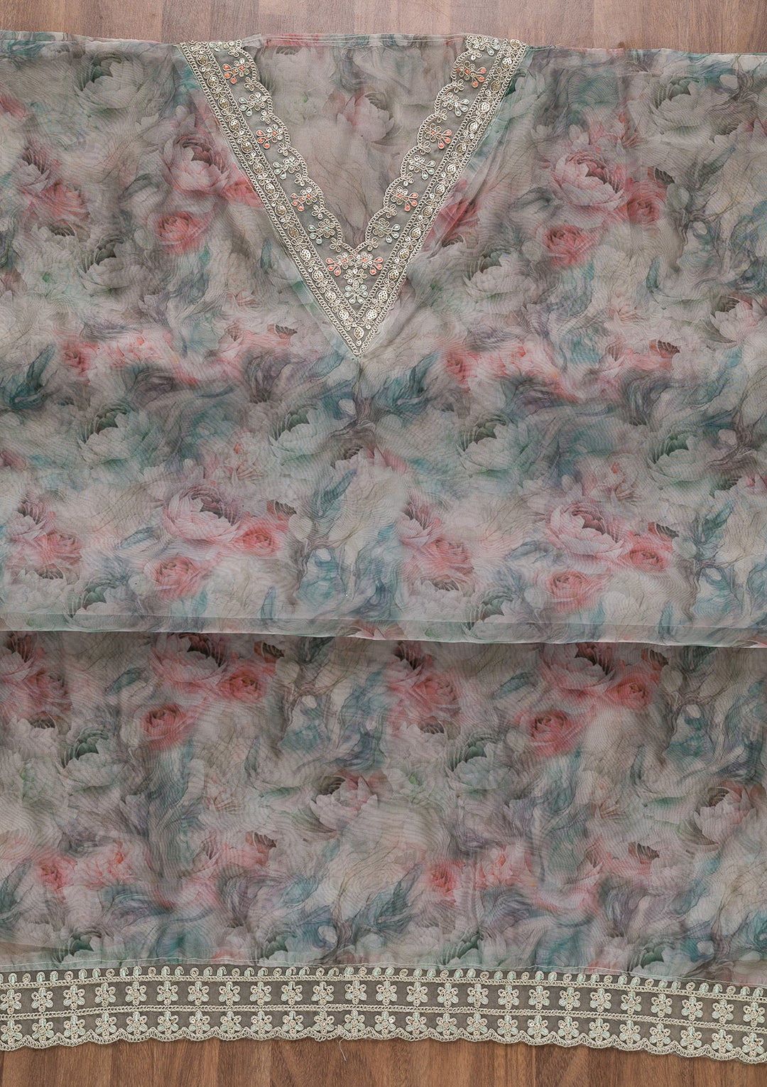 Sea Green Printed Organza Unstitched Salwar Suit