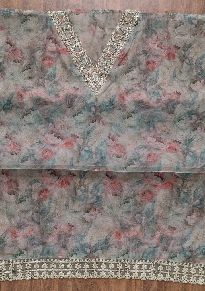 Sea Green Printed Organza Unstitched Salwar Suit