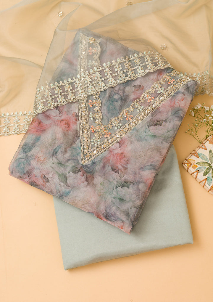 Sea Green Printed Organza Unstitched Salwar Suit