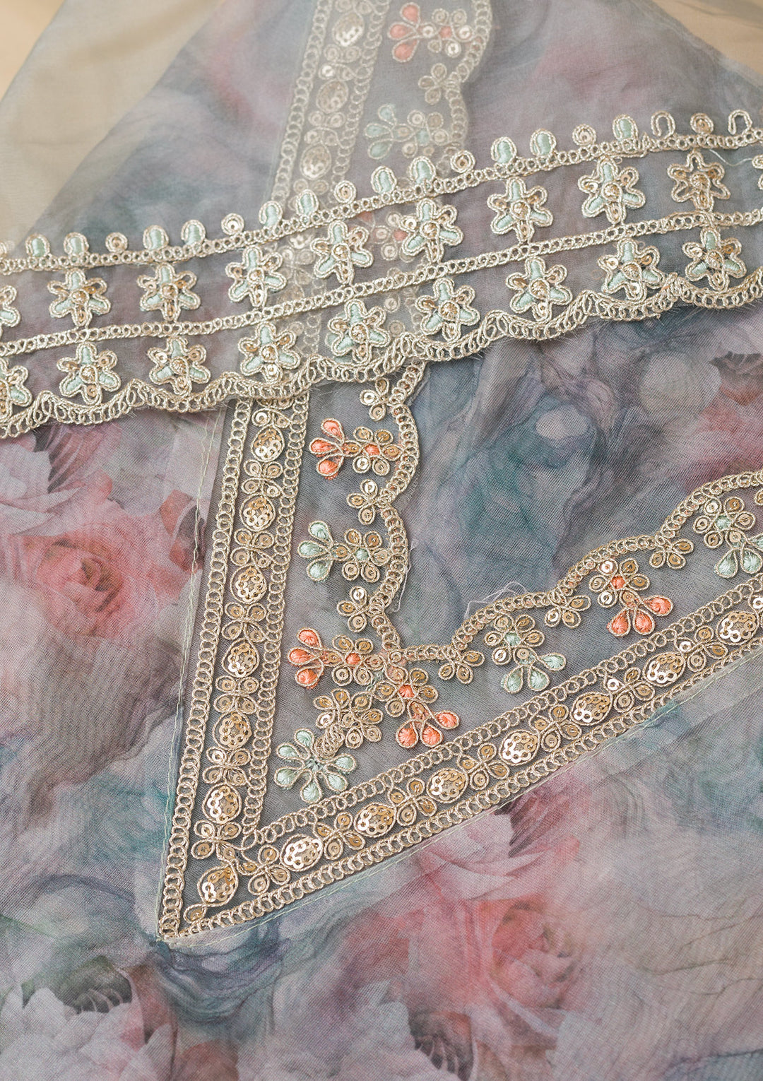 Sea Green Printed Organza Unstitched Salwar Suit