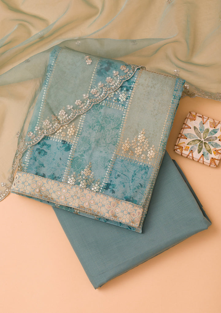 Sea Green Organza Silver Zardozi Work Unstitched Dress Material With Matching Bottom And Dupatta
