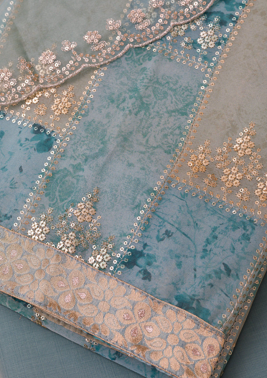 Sea Green Organza Silver Zardozi Work Unstitched Dress Material With Matching Bottom And Dupatta