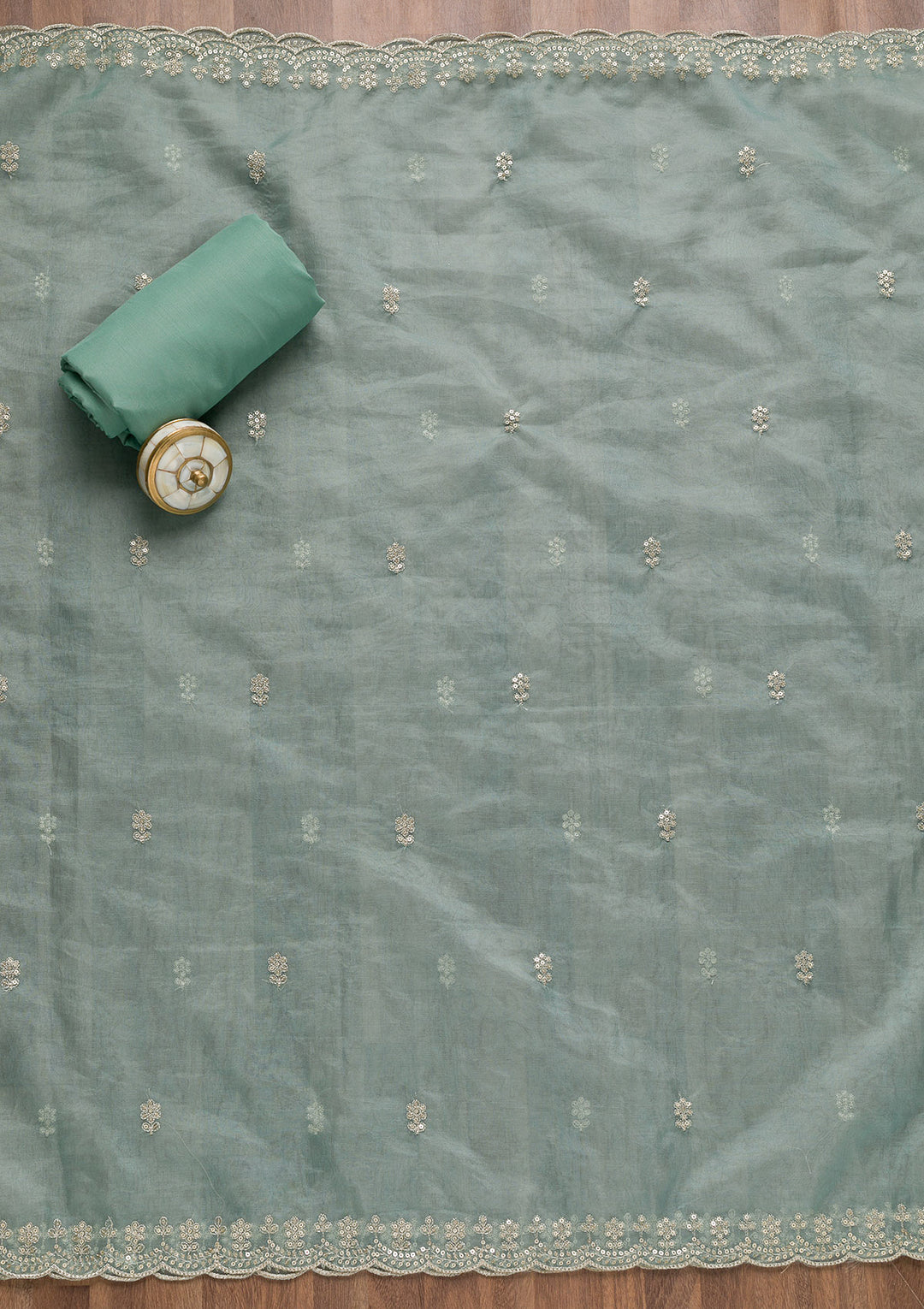 Sea Green Organza Silver Zardozi Work Unstitched Dress Material With Matching Bottom And Dupatta