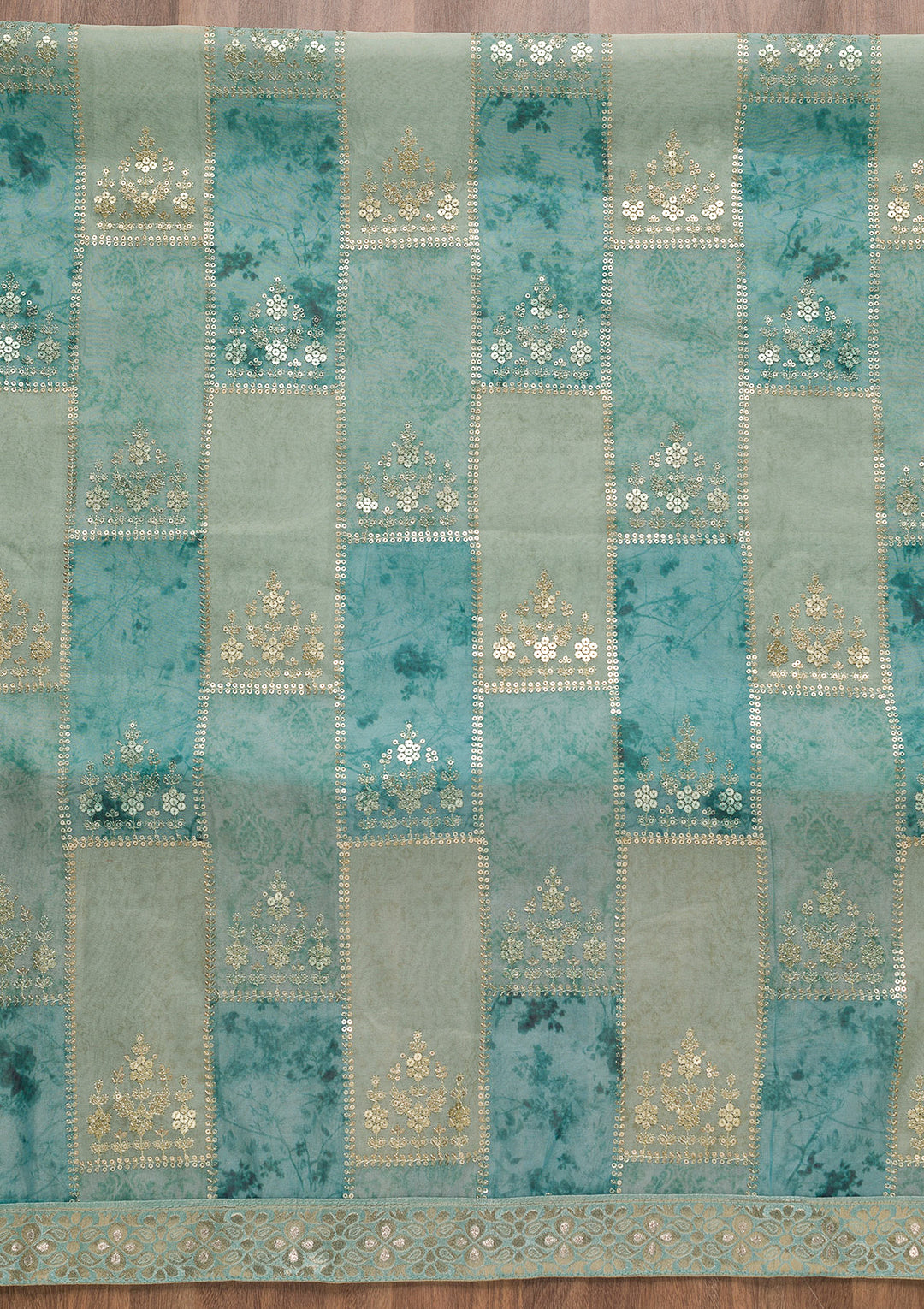 Sea Green Organza Silver Zardozi Work Unstitched Dress Material With Matching Bottom And Dupatta