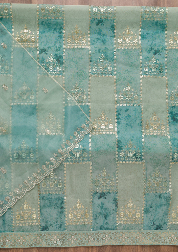 Sea Green Organza Silver Zardozi Work Unstitched Dress Material With Matching Bottom And Dupatta