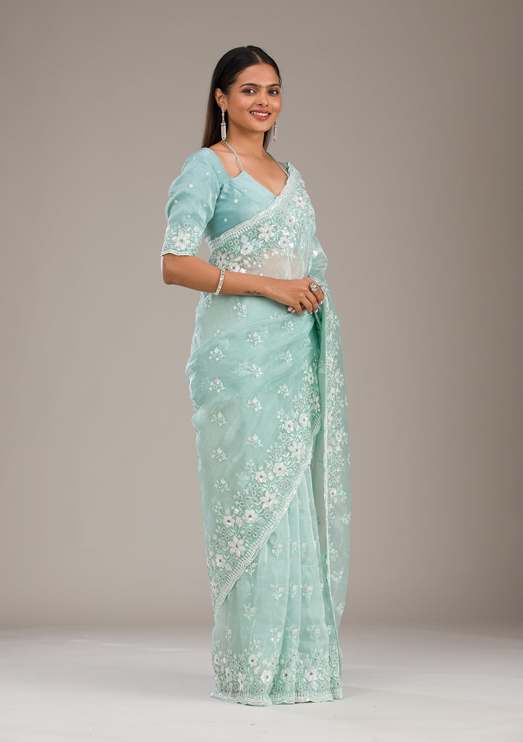 Sea Green Sequins Tissue Saree