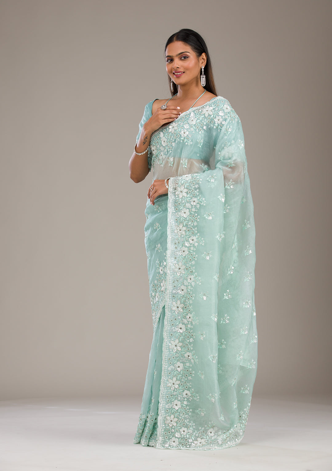Sea Green Sequins Tissue Saree