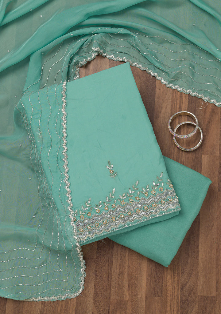 Sea Green Tissue Silver Stonework Unstitched Dress Material With Matching Bottom And Dupatta