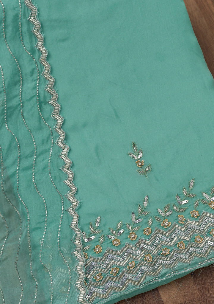 Sea Green Tissue Silver Stonework Unstitched Dress Material With Matching Bottom And Dupatta