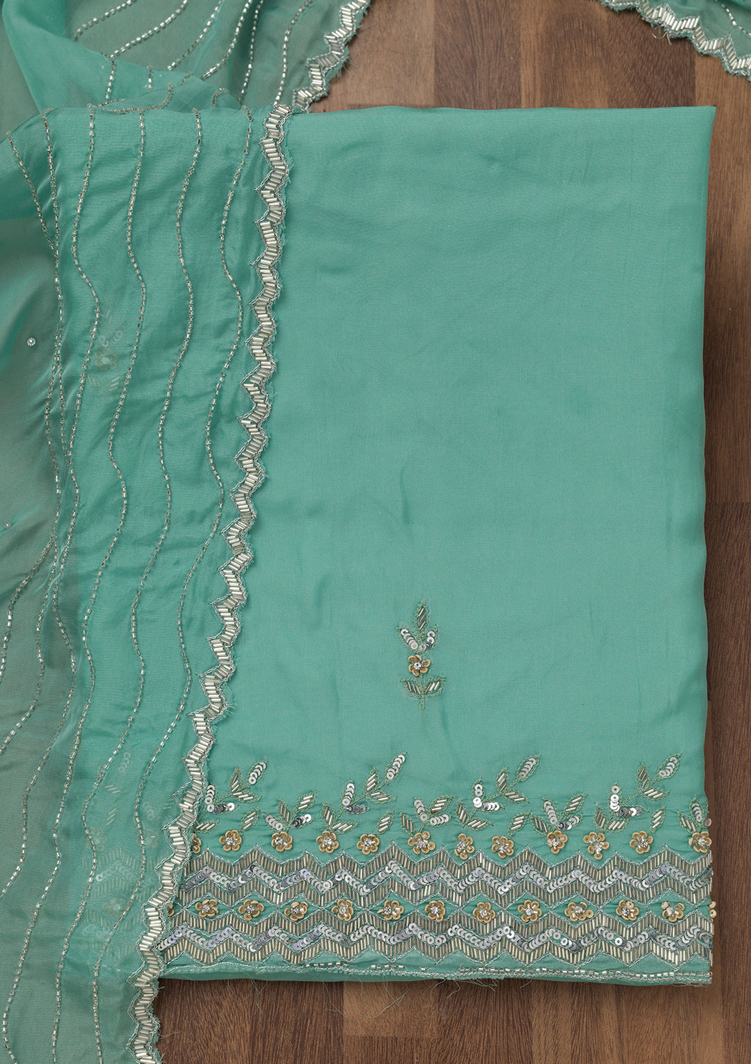 Sea Green Tissue Silver Stonework Unstitched Dress Material With Matching Bottom And Dupatta