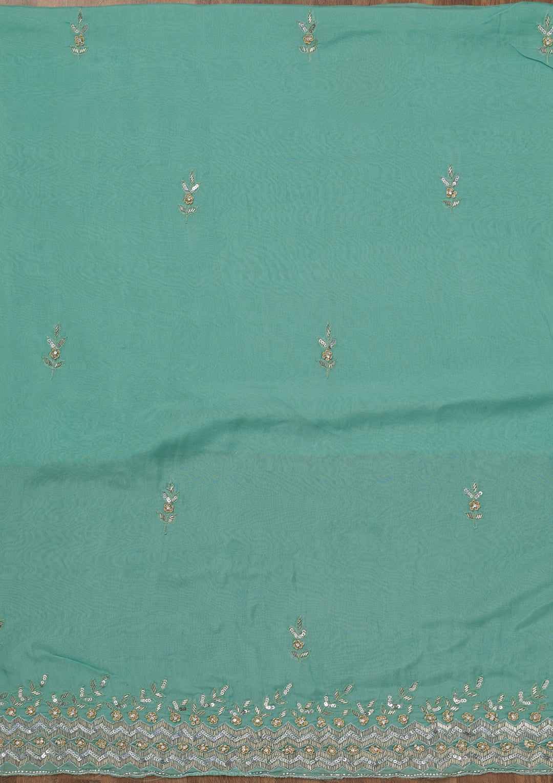 Sea Green Tissue Silver Stonework Unstitched Dress Material With Matching Bottom And Dupatta