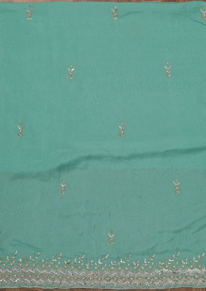 Sea Green Tissue Silver Stonework Unstitched Dress Material With Matching Bottom And Dupatta
