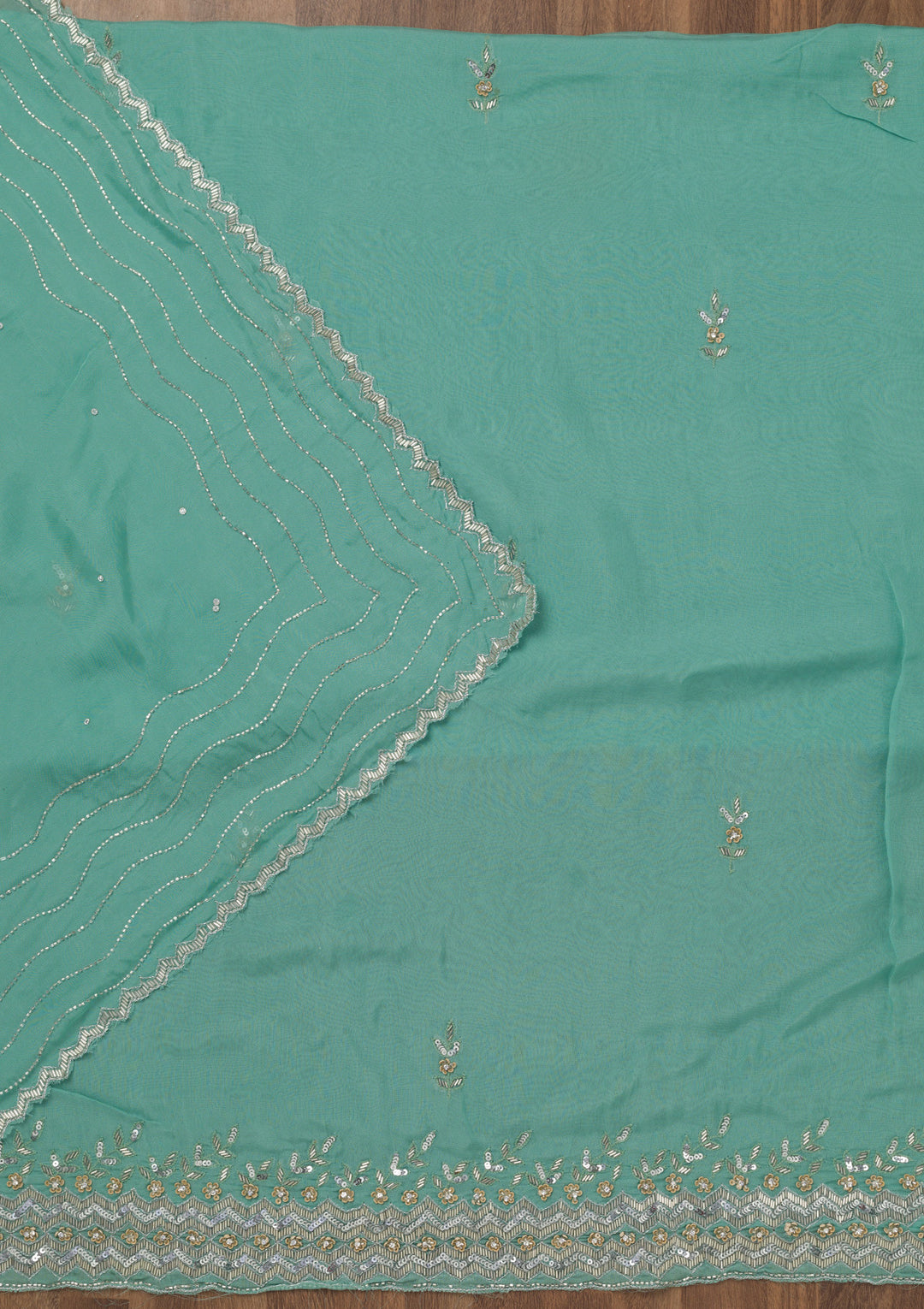 Sea Green Tissue Silver Stonework Unstitched Dress Material With Matching Bottom And Dupatta