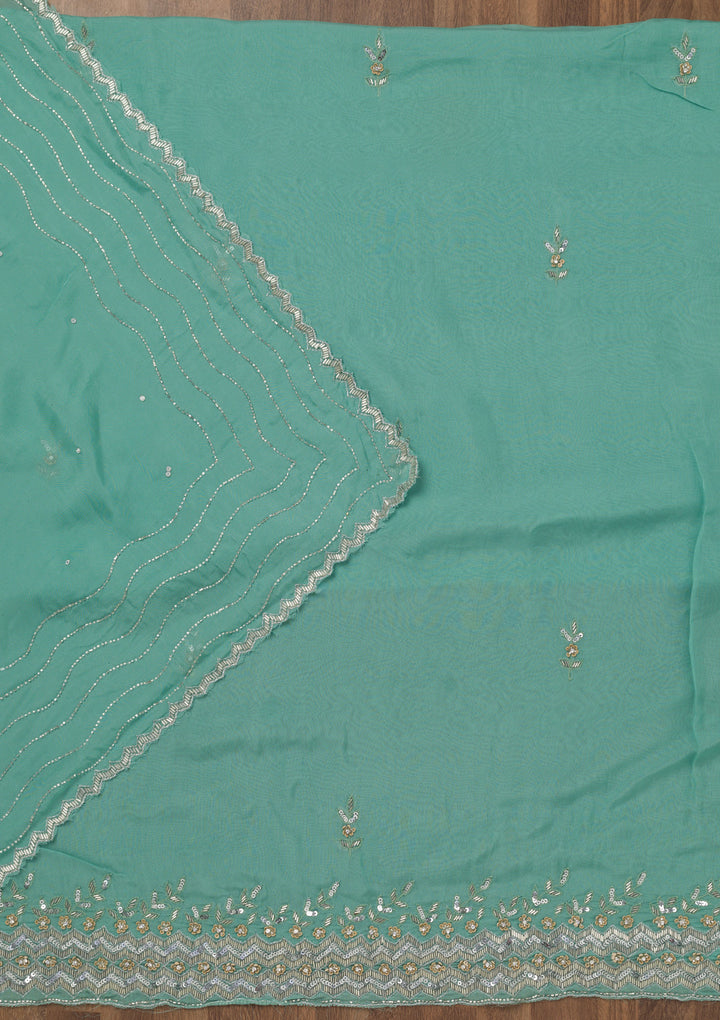 Sea Green Tissue Silver Stonework Unstitched Dress Material With Matching Bottom And Dupatta