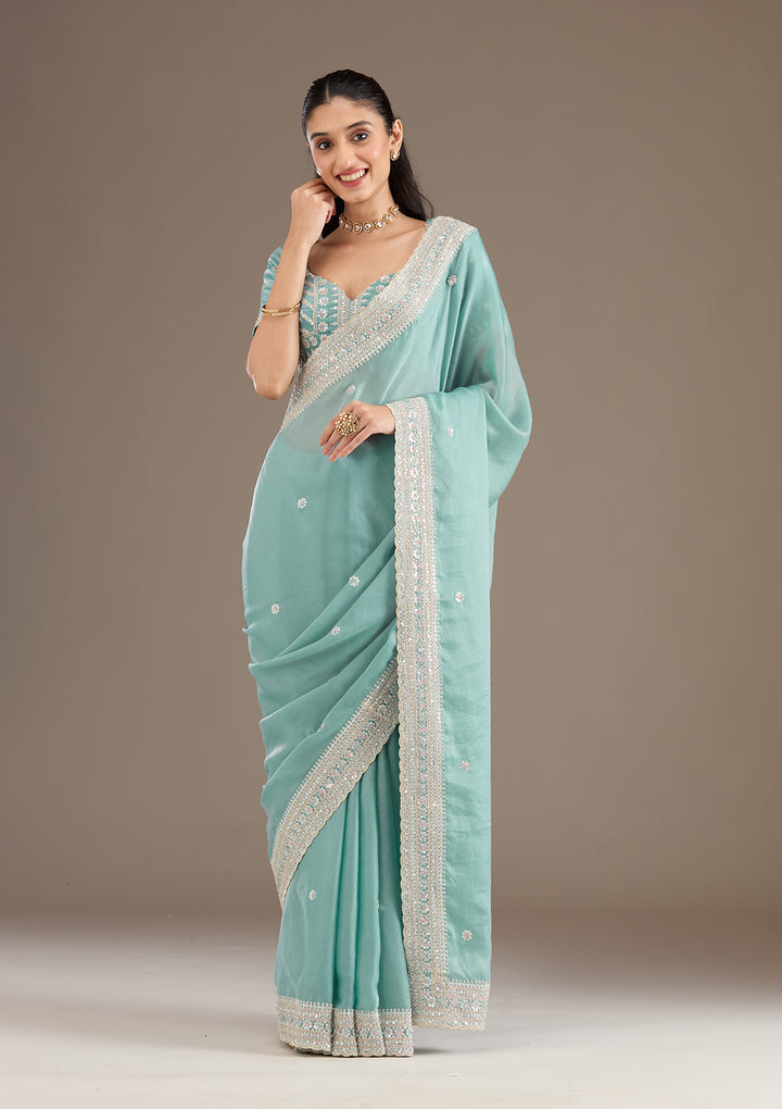 Sea Green Stonework Tissue Saree