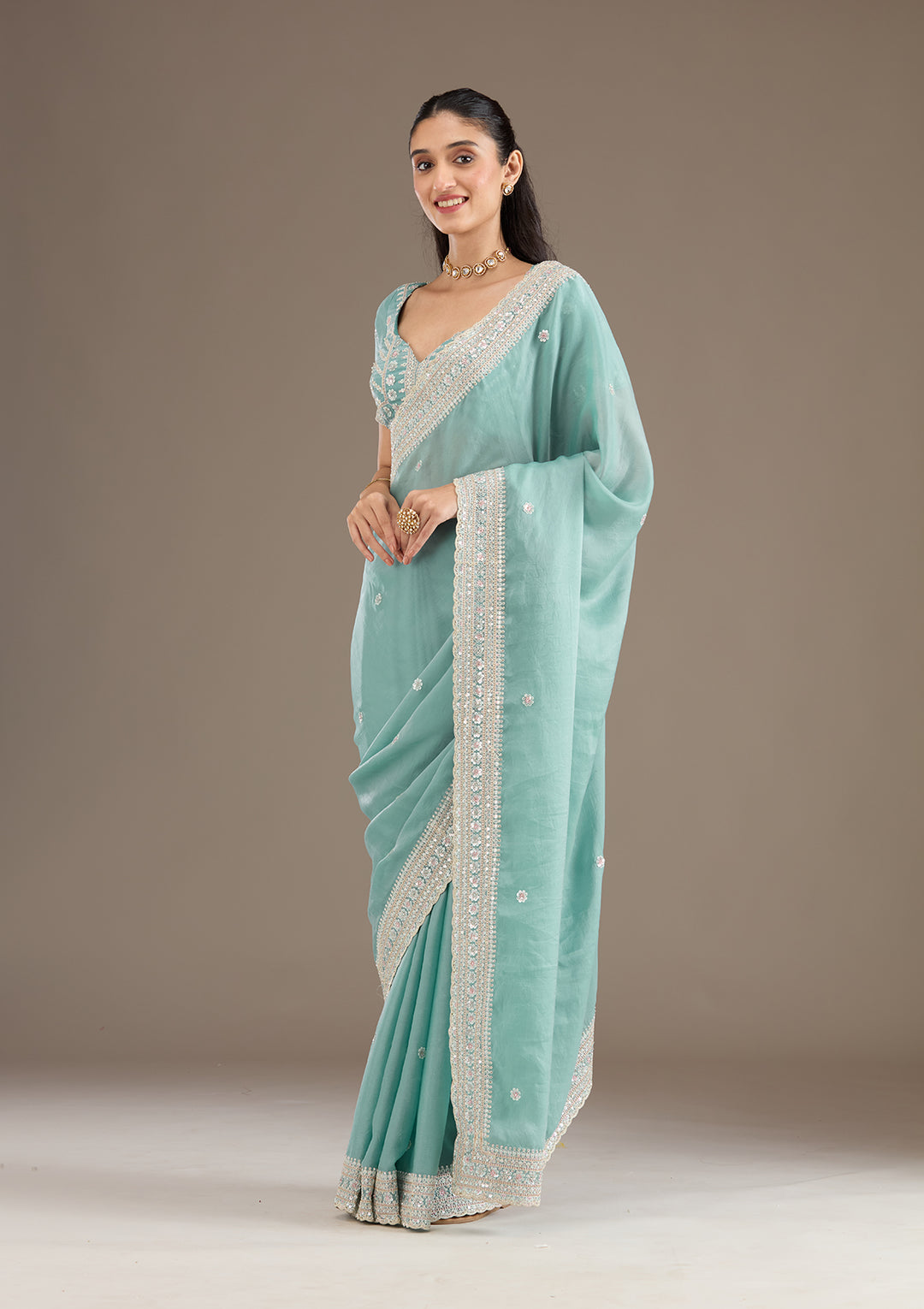 Sea Green Stonework Tissue Saree